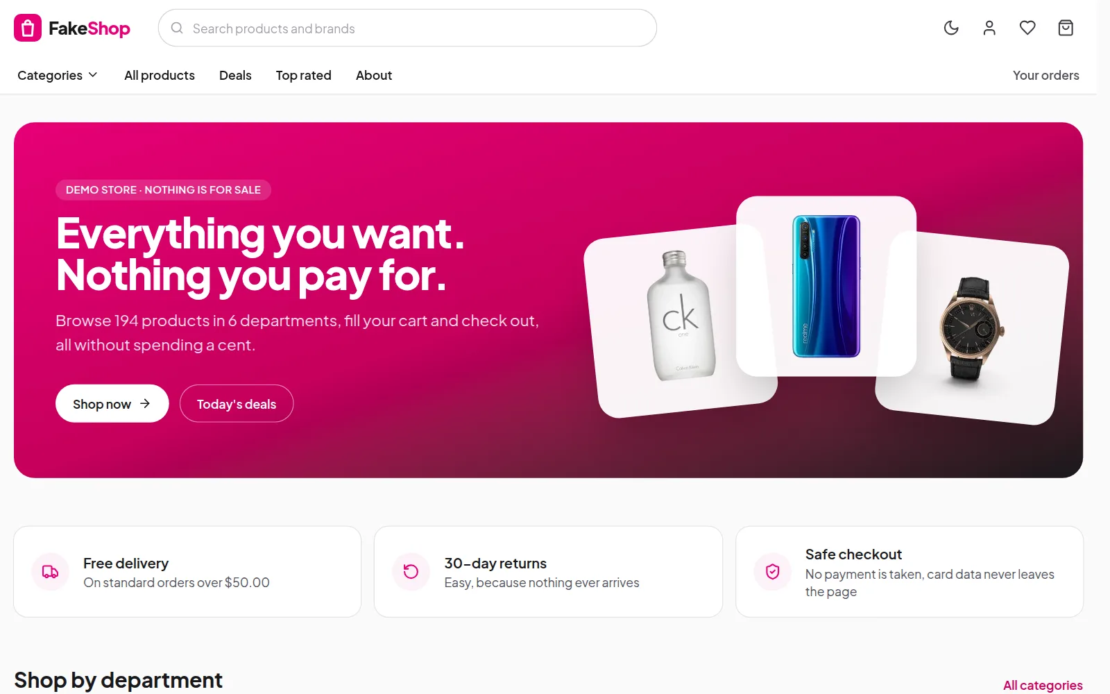 FakeShop home page with product cards
