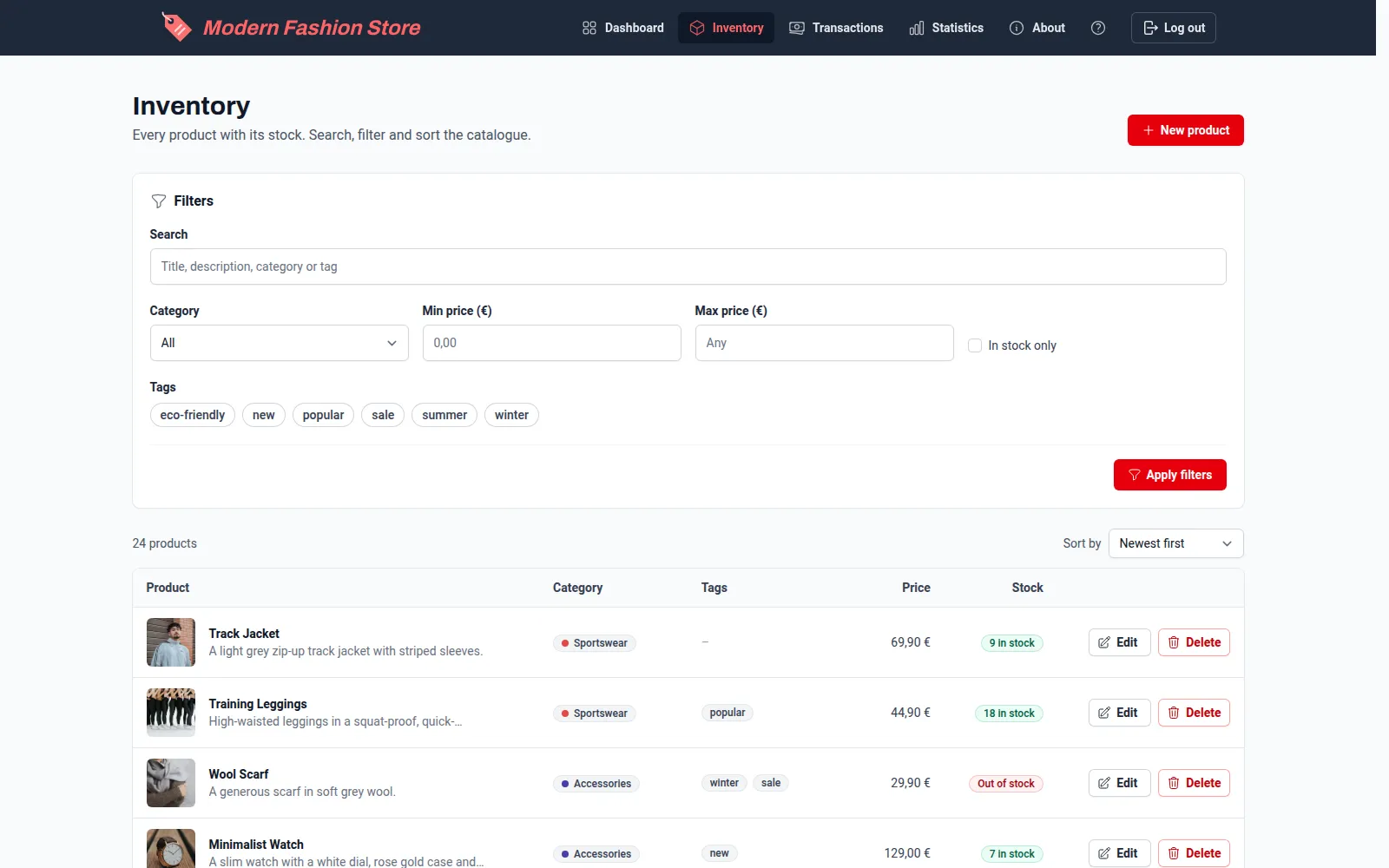 Inventory table with filters, product photos, categories, prices and stock