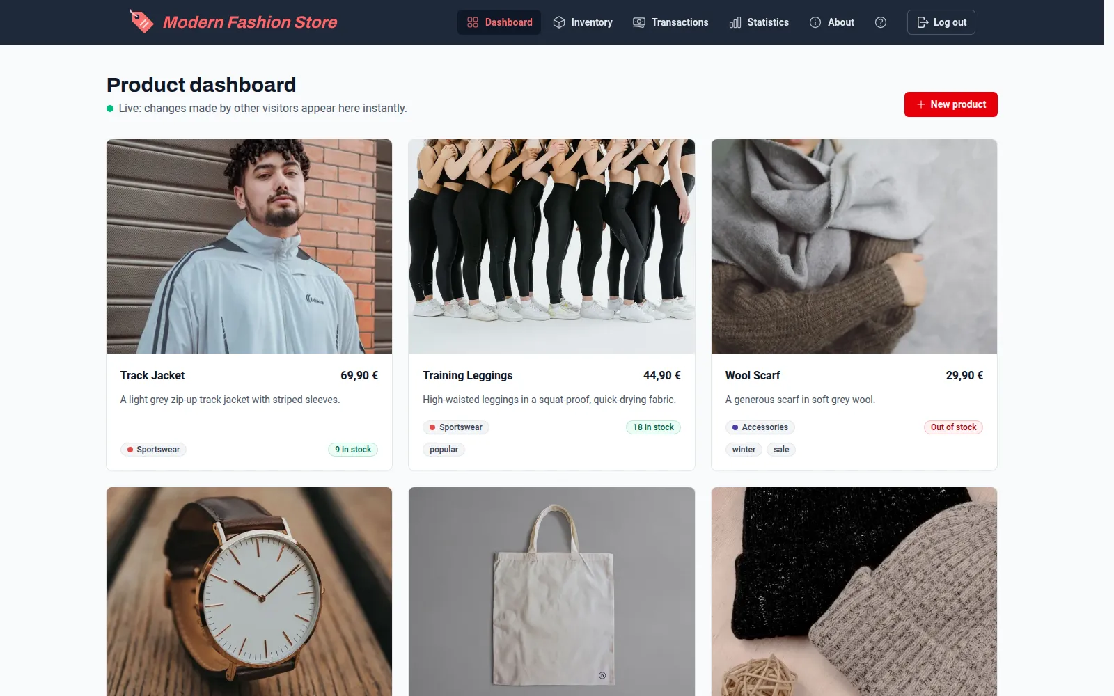 Product dashboard of the Modern Fashion Store with product photos, prices and stock