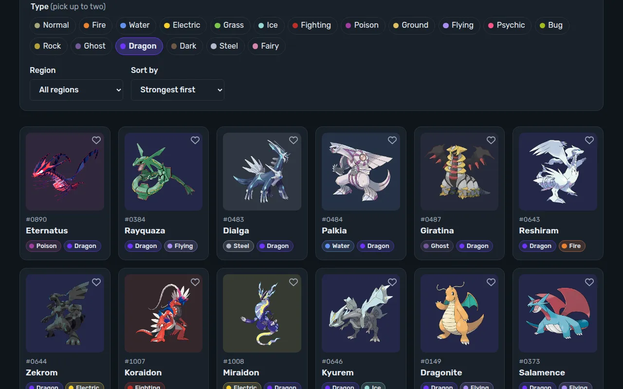 Grid of Pokémon cards in the dark theme