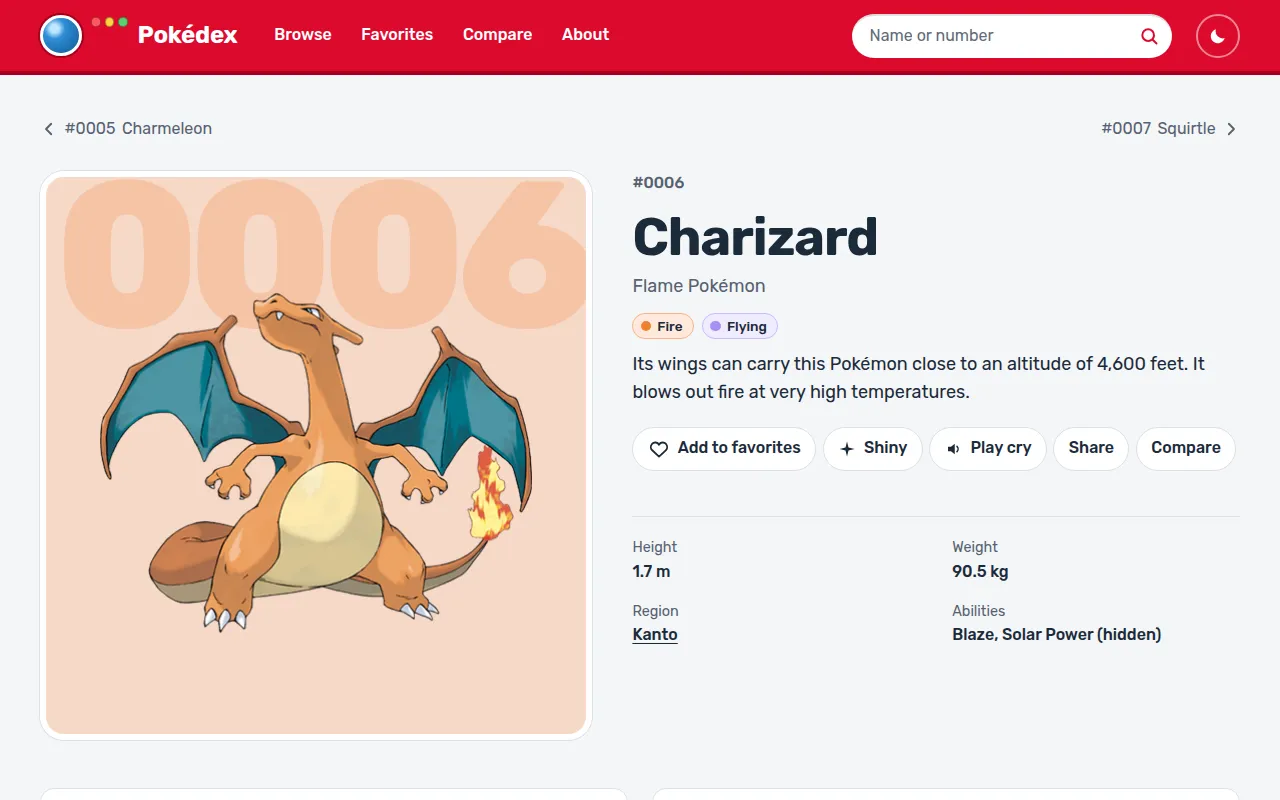 Pokémon detail page with stats, types and evolutions