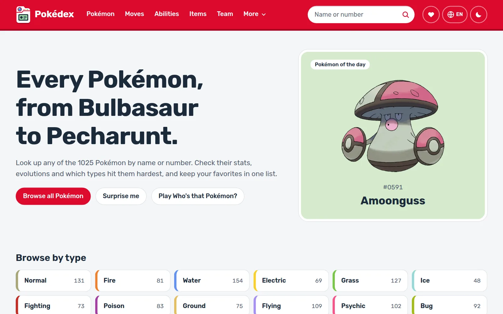 Pokédex list with search and filters