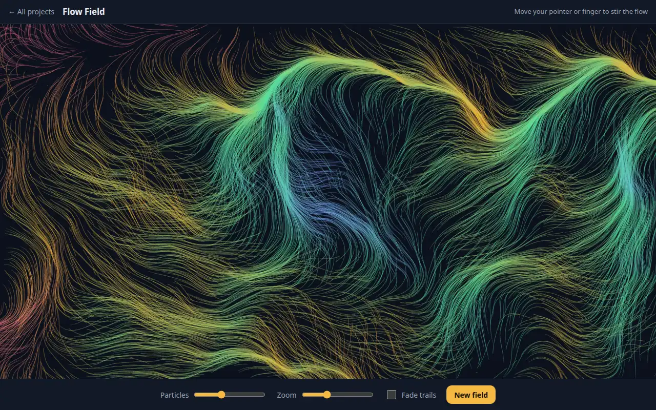 Colorful flowing lines drawn by particles following Perlin noise