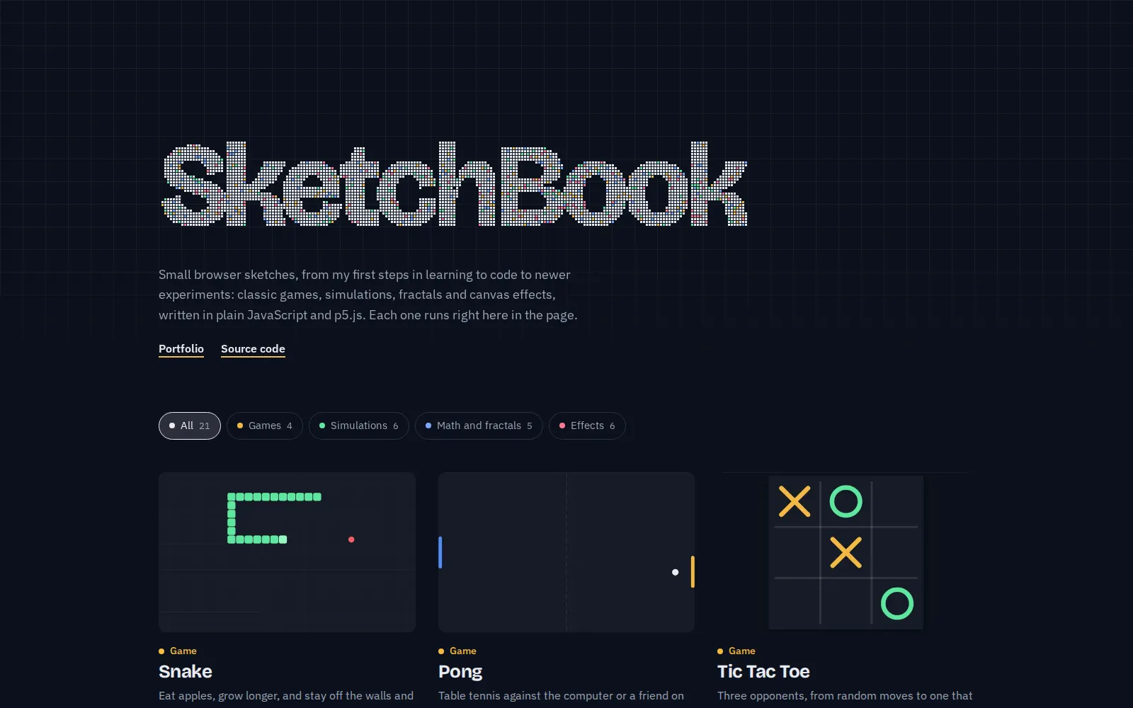 SketchBook landing page with the title drawn by particles and project previews