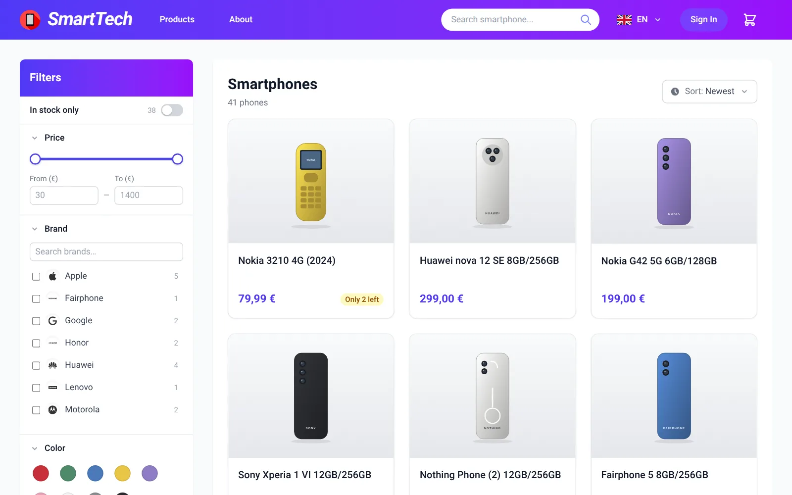 Smartphone catalog with filters