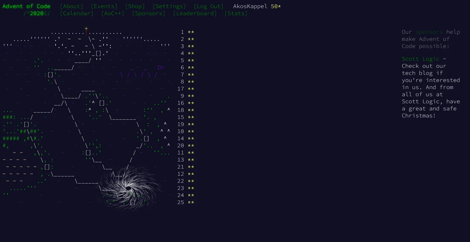 Completed Advent of Code 2020 calendar with 50 stars