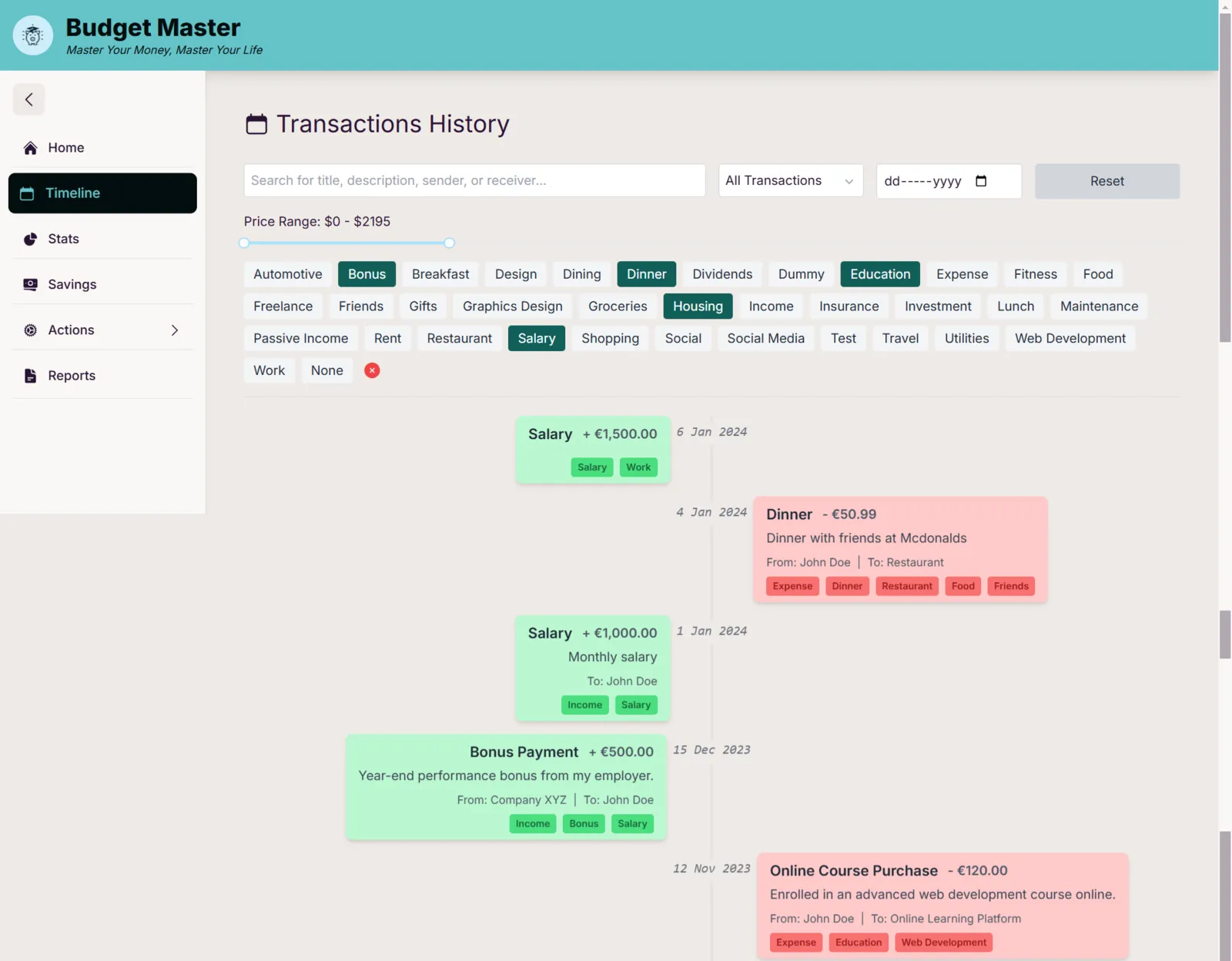 Budget Master transaction table with filters