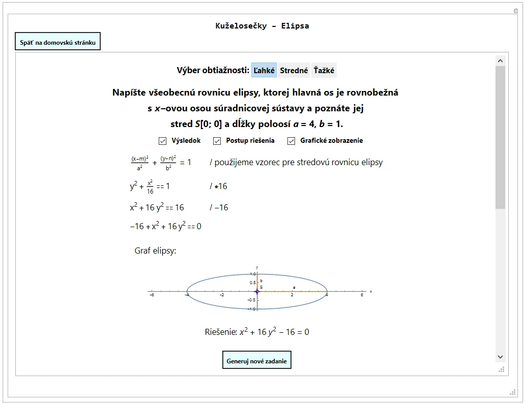 Generated ellipse problem with its solution steps and a plot of the ellipse