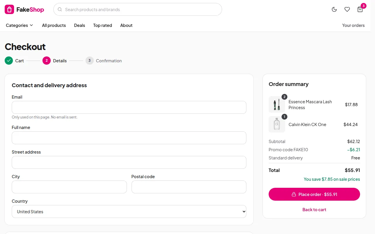 Checkout form with the order summary