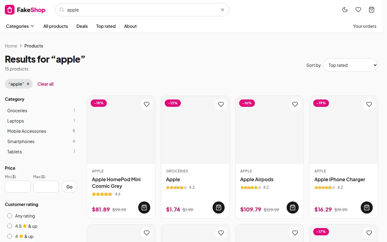 Product search results with filters