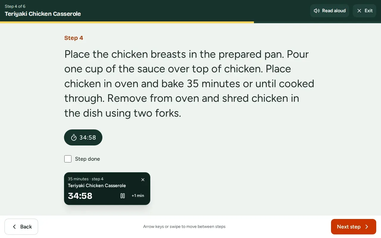 Cooking mode showing one large recipe step at a time