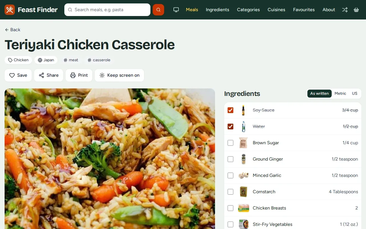 Recipe page with a photo, ingredients and instructions