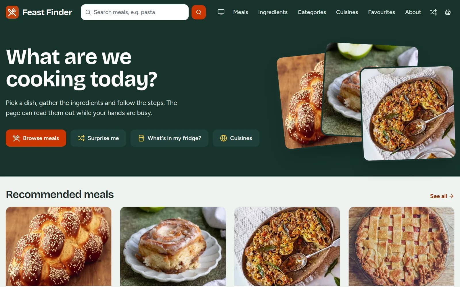 Feast Finder home page with meal suggestions
