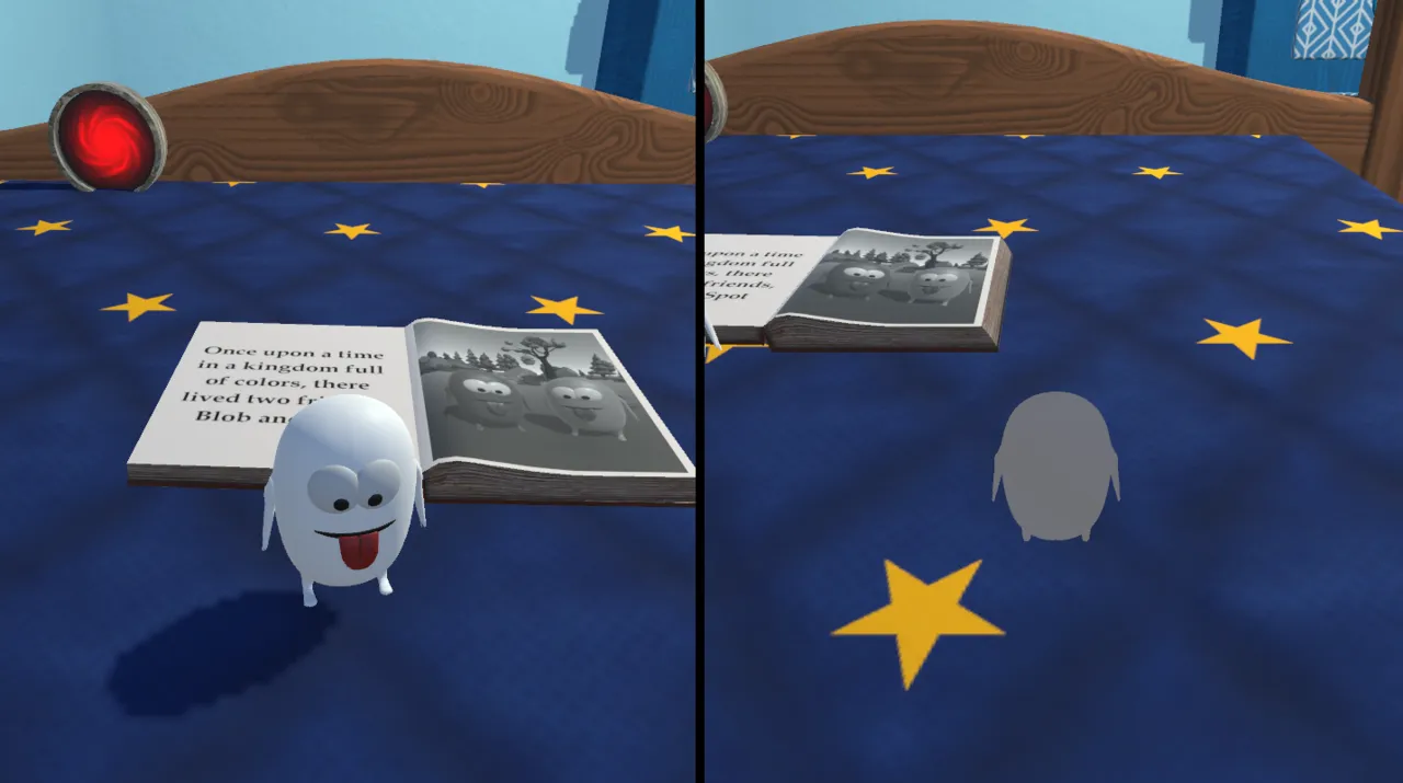 Split-screen view of a colourless character next to a storybook on a bed