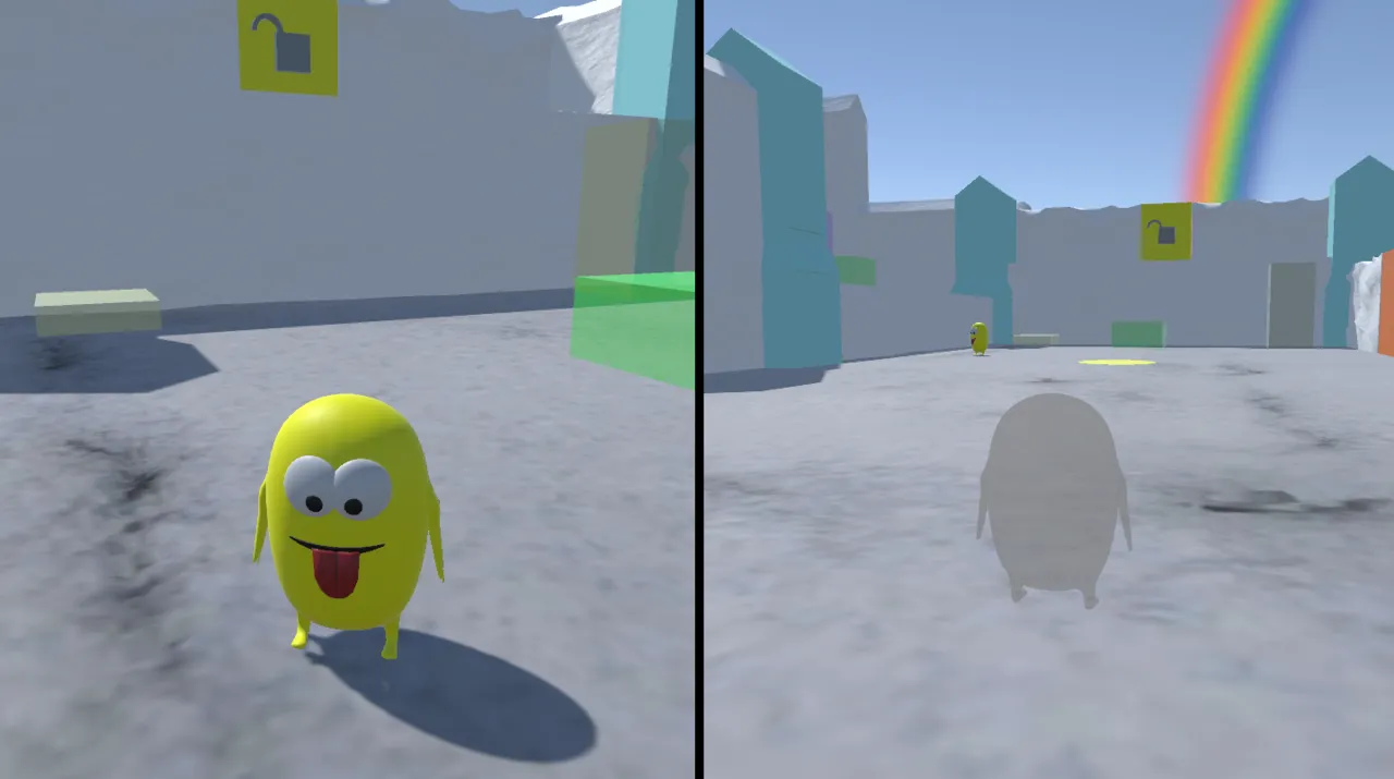 Yellow player in a light level with lock signs and a rainbow in the distance