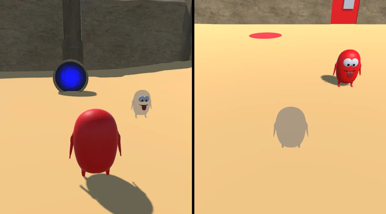 Red player next to a blue colour source in a wall, the other player still colourless