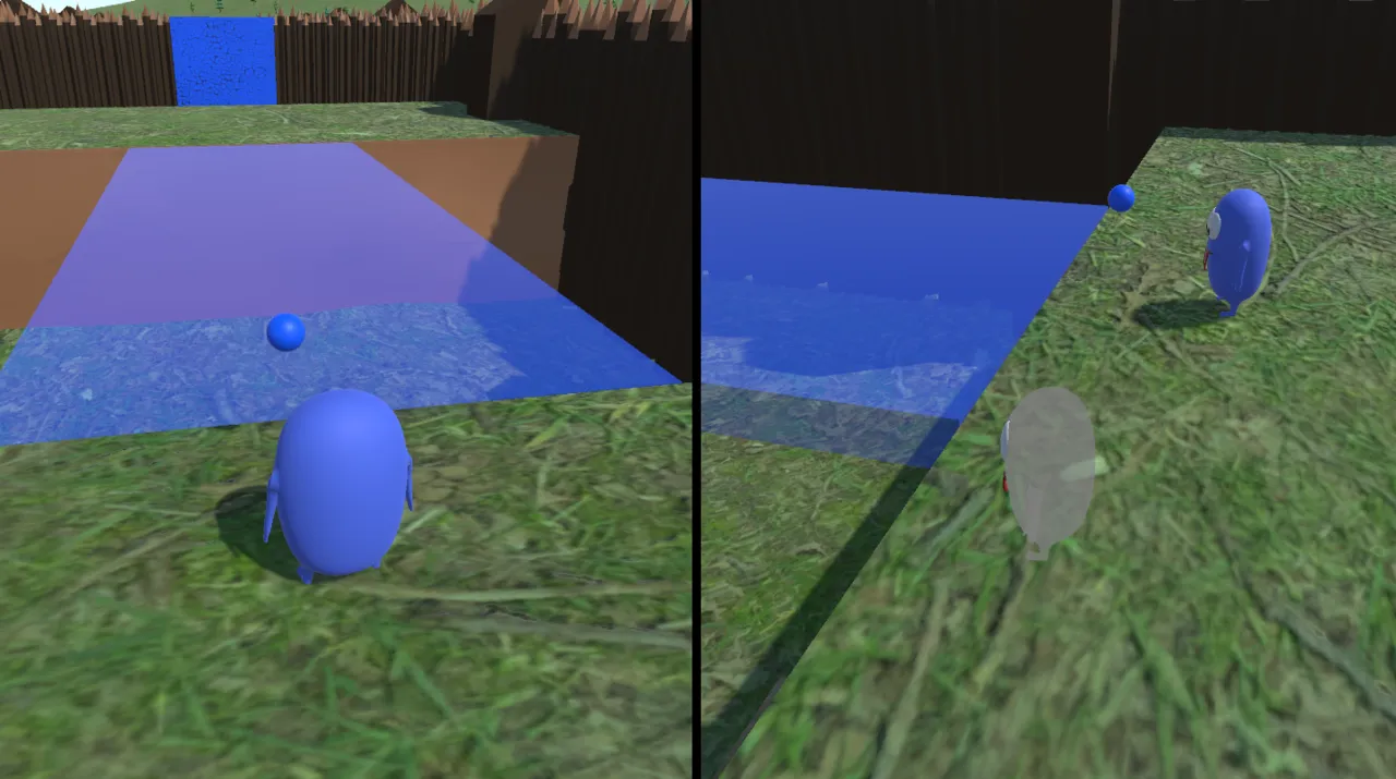 Blue player next to a blue see-through area of water with a ball