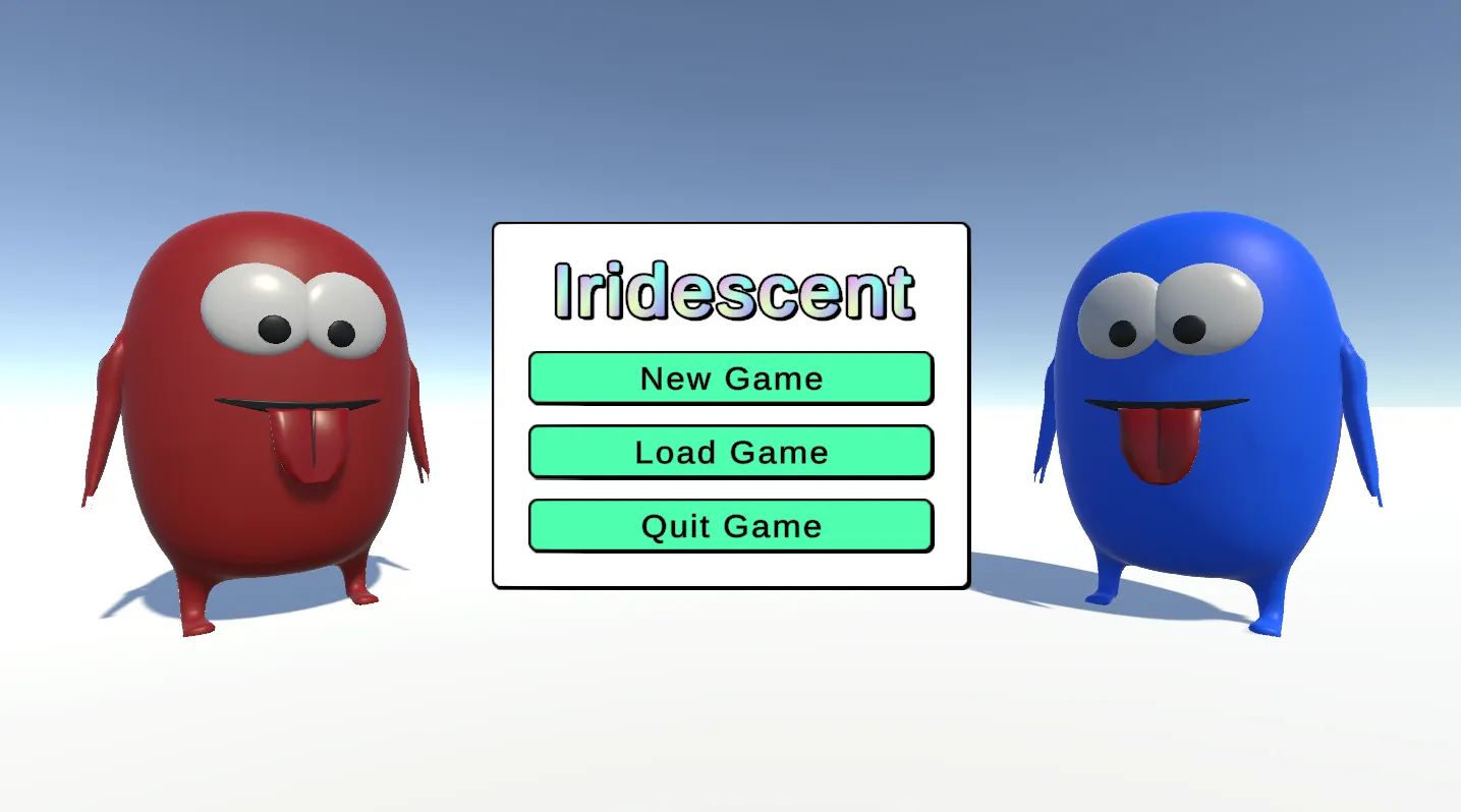 Iridescent title screen with two characters