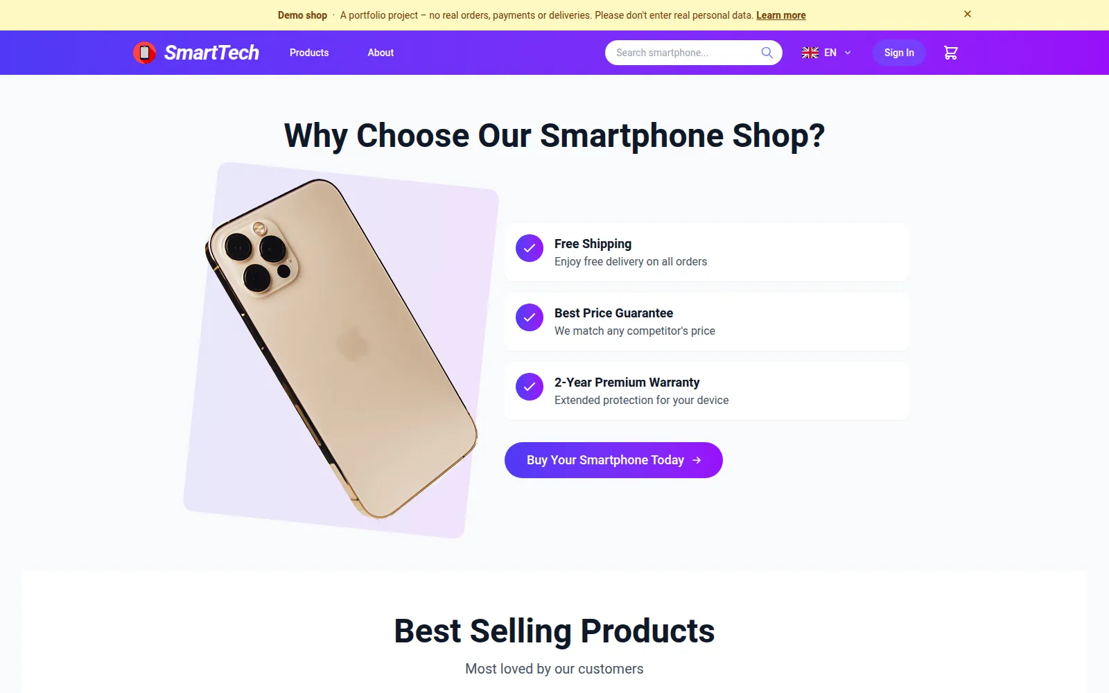 Home page of the SmartTech shop with a phone and three reasons to buy
