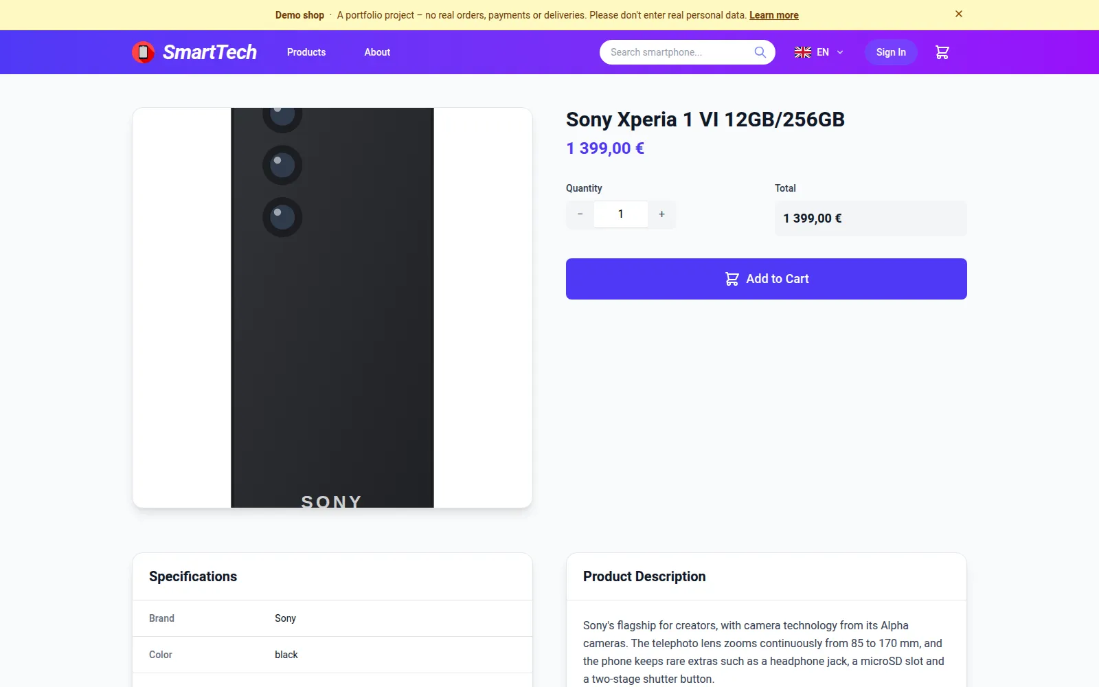 Product page of a Sony phone with quantity, total price and an add to cart button