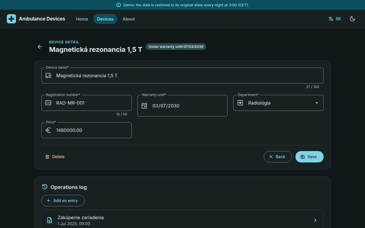 Device page of an MRI scanner in the dark theme with its form and operations log
