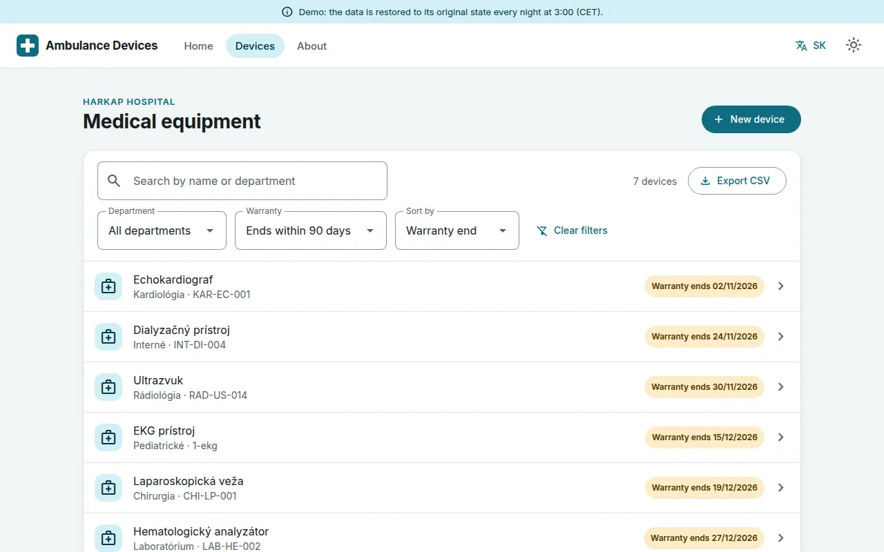 Device list filtered to warranties ending within 90 days, sorted by warranty end